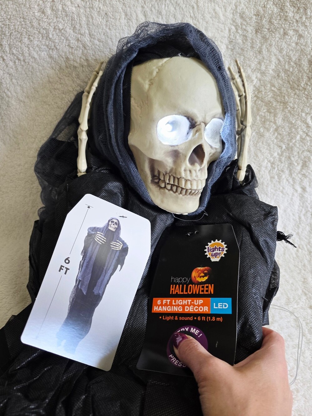 New 6 FT Light-Up Hanging Halloween Grim Reaper Decor, indoor outdoor decoration